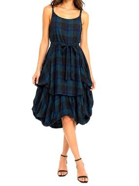 Krista Larson blue and purple plaid Umbrella Slip midi Dress